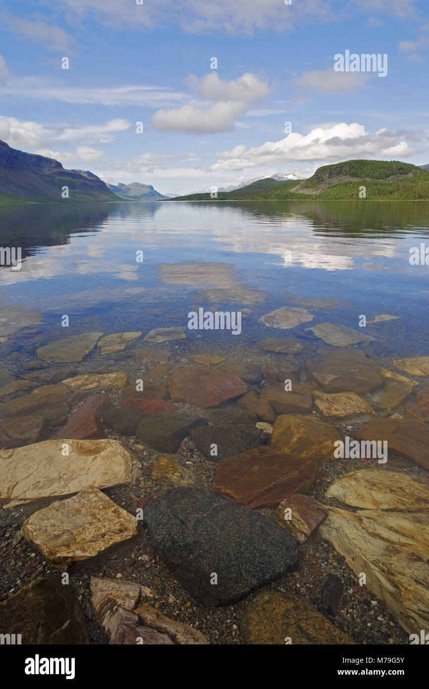 Sweden, Lapland, lake Langas, reflexion, sunshine, Stock Photo