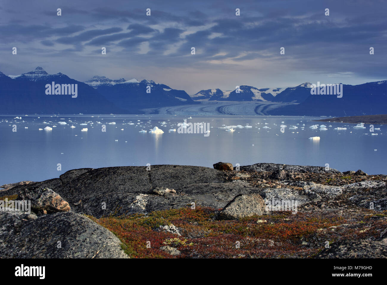 Greenland, East Greenland, Scoresby Sund, icebergs, coastal scenery, mountain landscape, glacier, Stock Photo