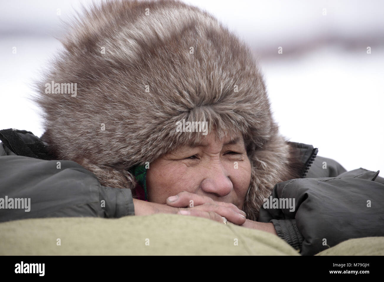 Northern Europe, Russia, Nanyar Mar, Nenets, reindeer shepherds, woman, fur cap, portrait, Stock Photo