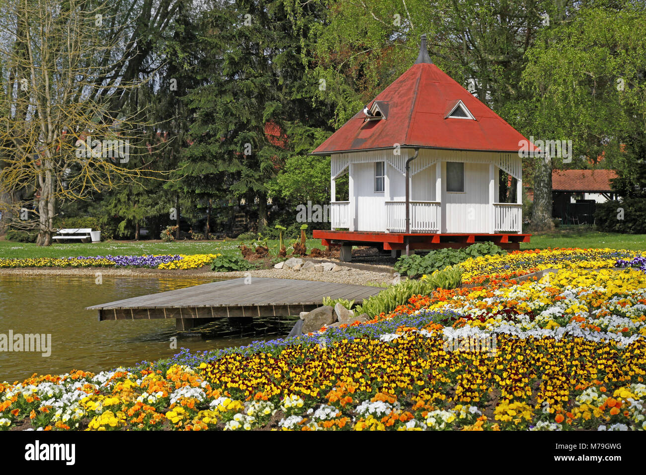 Germany, Hessen, Bad Salzschlirf near Fulda, spa park, pond, pavilion, flowerbeds, spring, Stock Photo