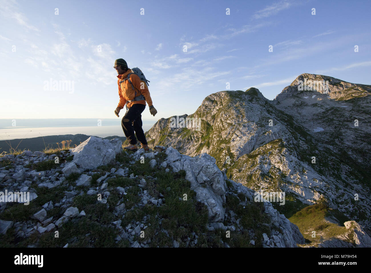 Hiking scene in Monte Cavallo, dolomites heigh route No. 7, carnic alps, Veneto, Italy, Stock Photo