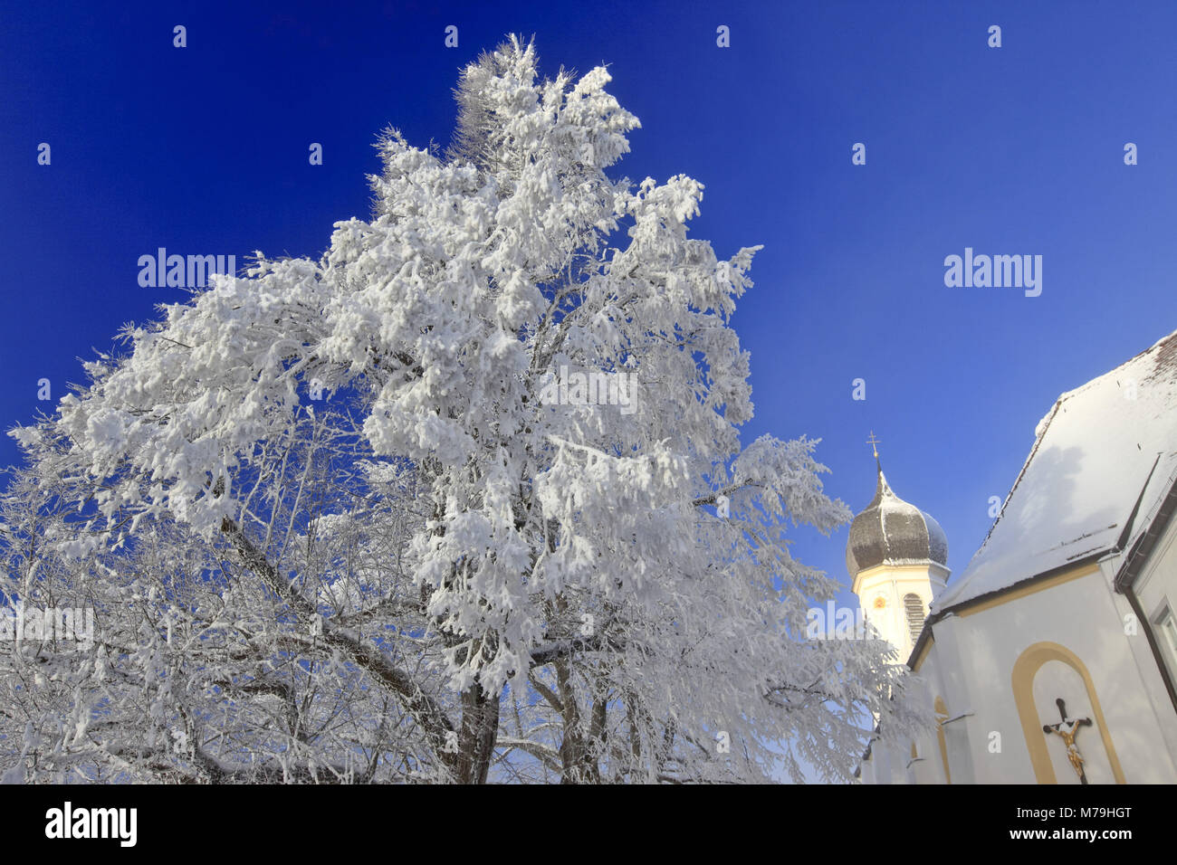 Germany, Bavaria, Upper Bavaria, Pfaffenwinkel region, Hoher Peissenberg, winter scenery, pilgrimage church Assumption Day, Stock Photo