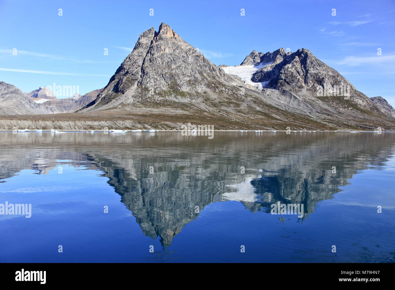 Greenland, East Greenland, coastal scenery, mountains, water reflection, Stock Photo