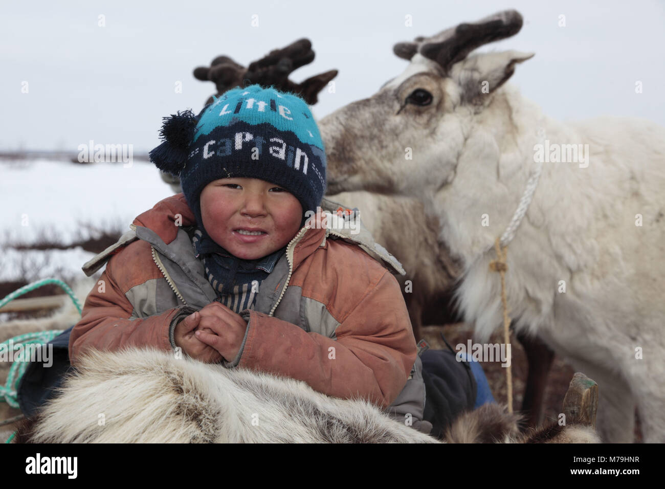 Northern Europe, Russia, Nanya Mar, Nenets, reindeer shepherds, child, boy, Stock Photo