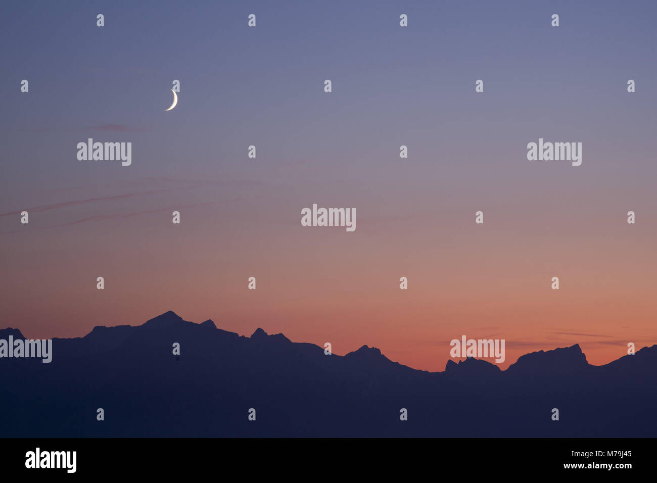 Moonrise, view of the Dent du Jaman, Vaud, Switzerland, Stock Photo