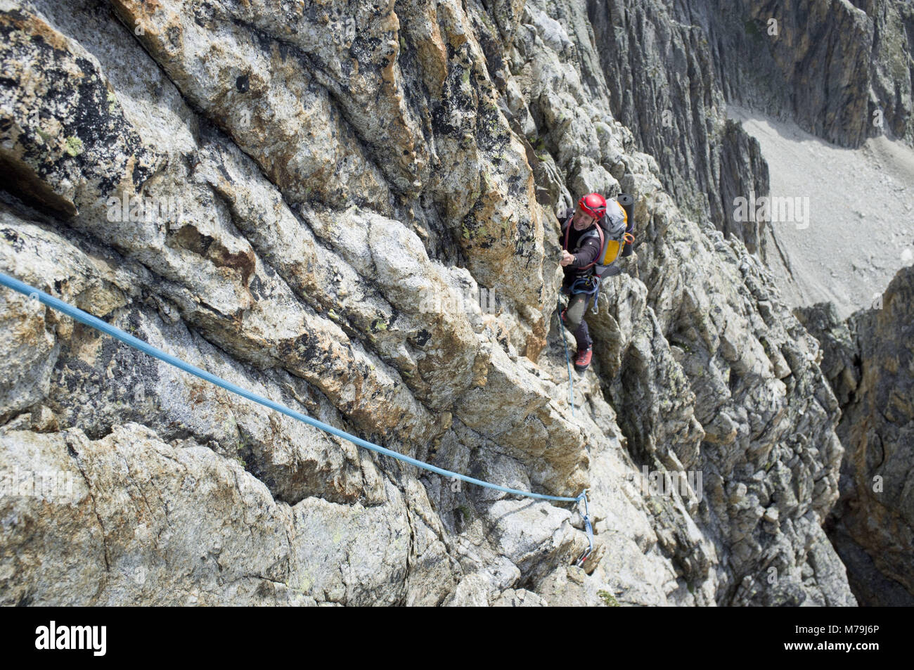 Climbing scene in the Stockhorn south ridge, canton Valais, Switzerland, Stock Photo