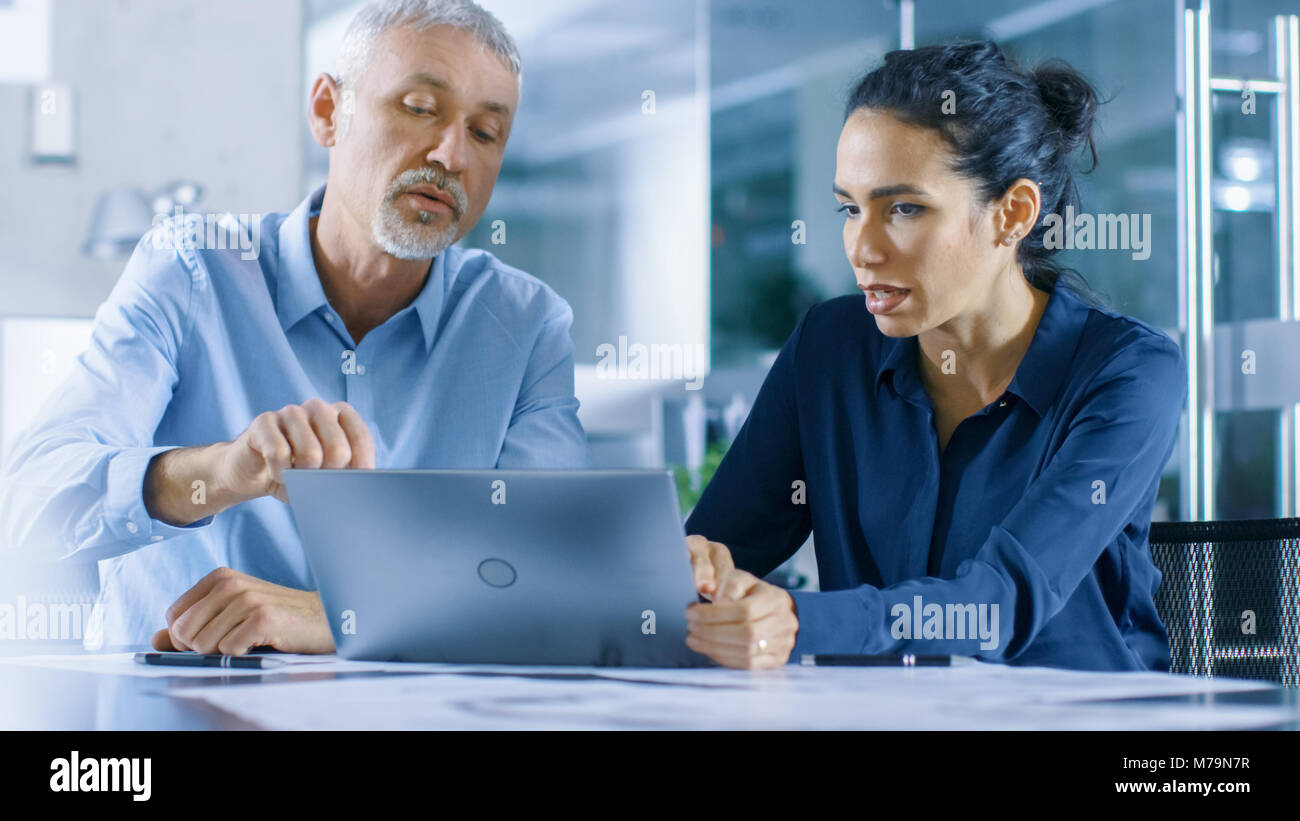 Experienced Male and Female Office Workers Discuss ongoing Project while Working on a Laptop. Stock Photo