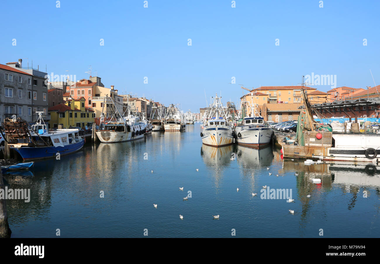 Chioggia, VE, Italy - February 11, 2018: Big Canal with fishing boats near the Adriatic sea Stock Photo