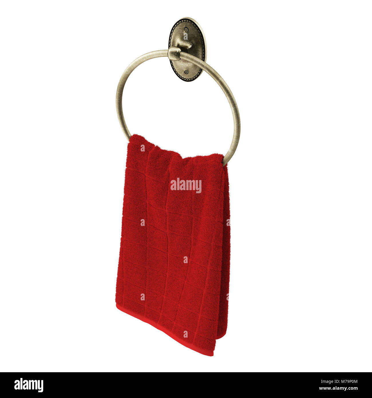 Red hand towel on round metallic hanger. White background. 3D