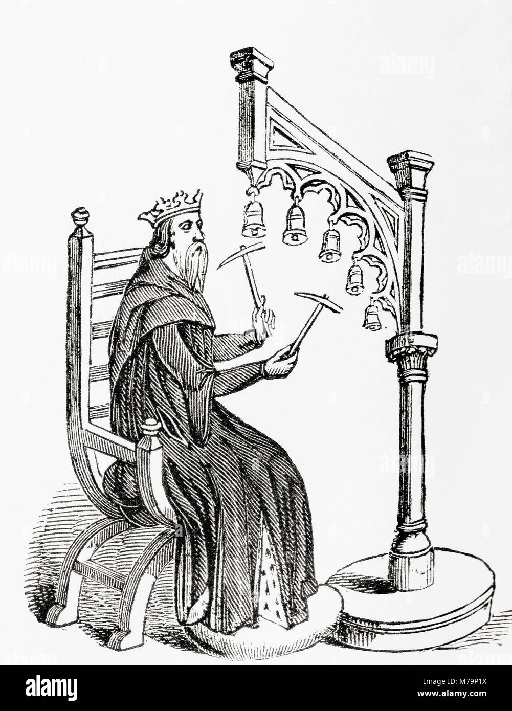 A king using small hammers to play hand-bells which were suspended from a wooden stand.  From Old England: A Pictorial Museum, published 1847. Stock Photo