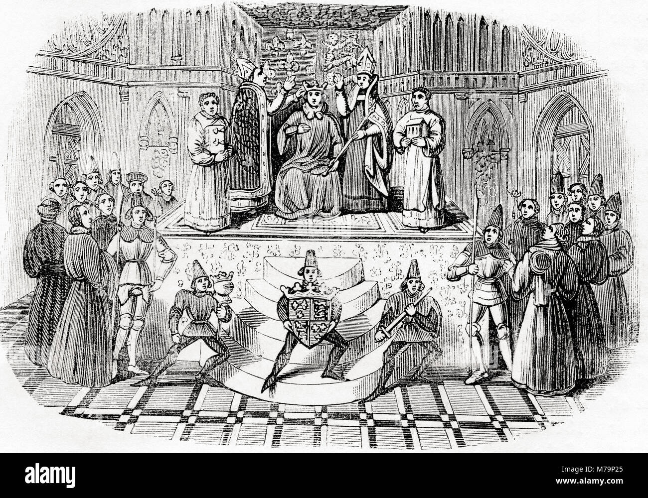 Coronation of Henry IV, 13 October 1399.  Henry IV, 1367 - 1413, aka Henry of Bolingbroke. King of England and Lord of Ireland.  From Old England: A Pictorial Museum, published 1847. Stock Photo