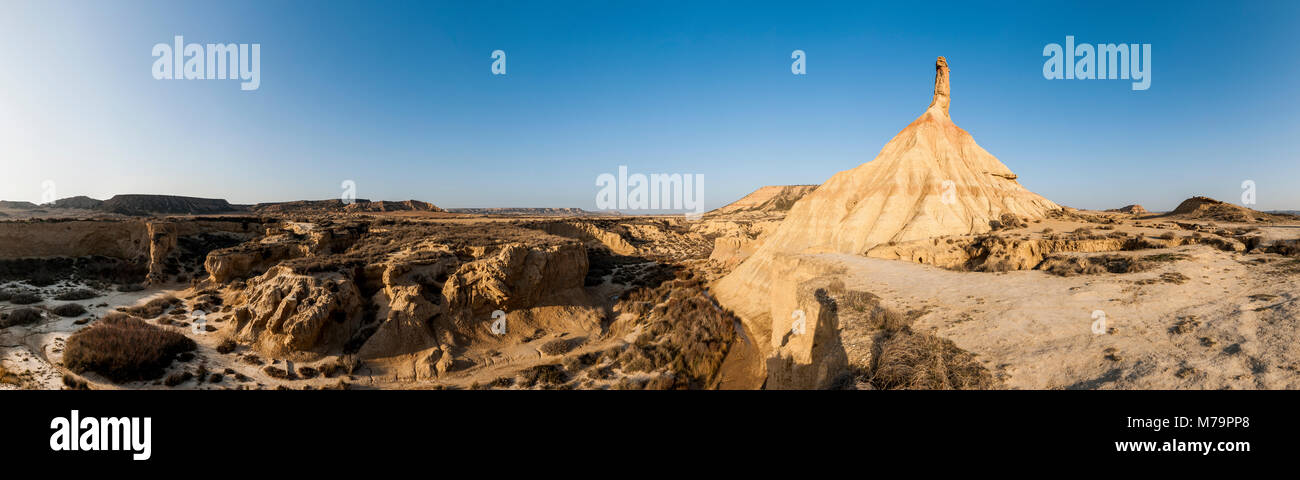 Panoramic image of Castildetierra 'castle of earth', a natural tower in the Bardenas Reales desert Stock Photo