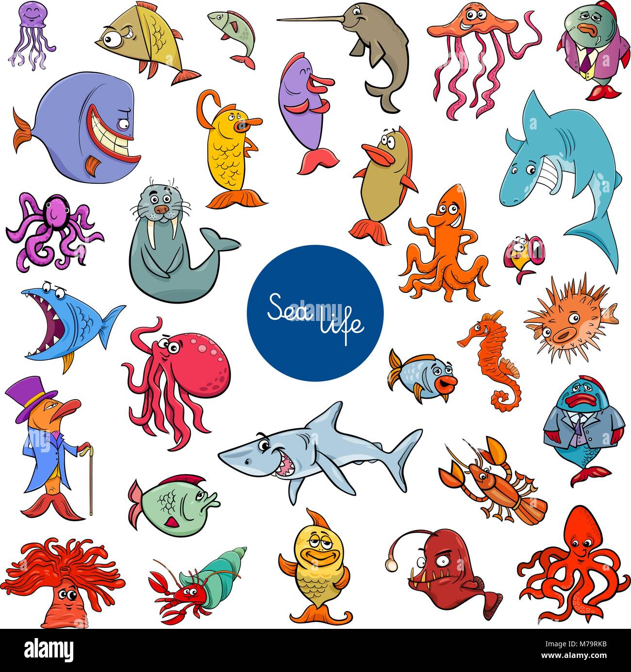 Cartoon Illustration of Sea Life Animal Characters Large Set Stock ...