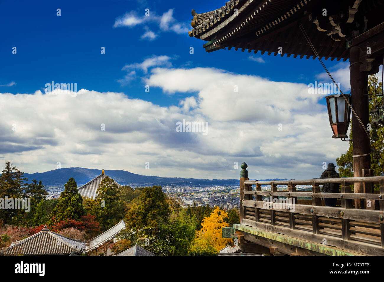 Panoramic view of the old city of Nara, the ancient capital of Japan, with old temple roofs Stock Photo