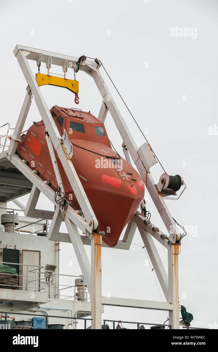 lifeboat of a ship placed on a rail construction Stock Photo