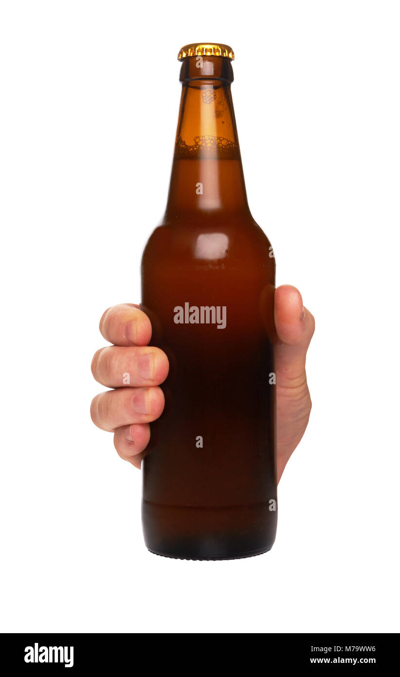 hand holding a beer bottle without label isolated on white background Stock Photo