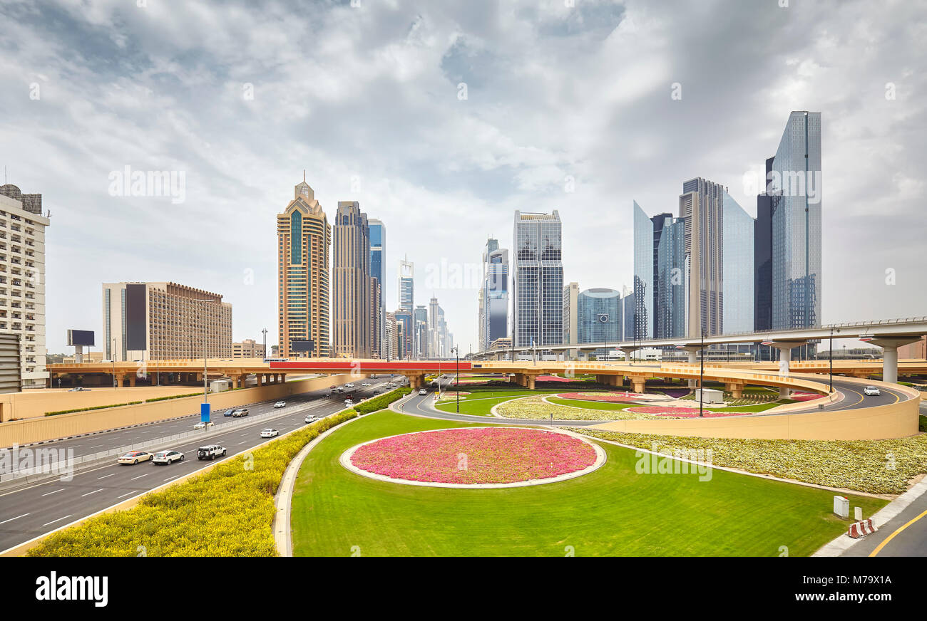 View of the road downtown Dubai, United Arab Emirates. Stock Photo