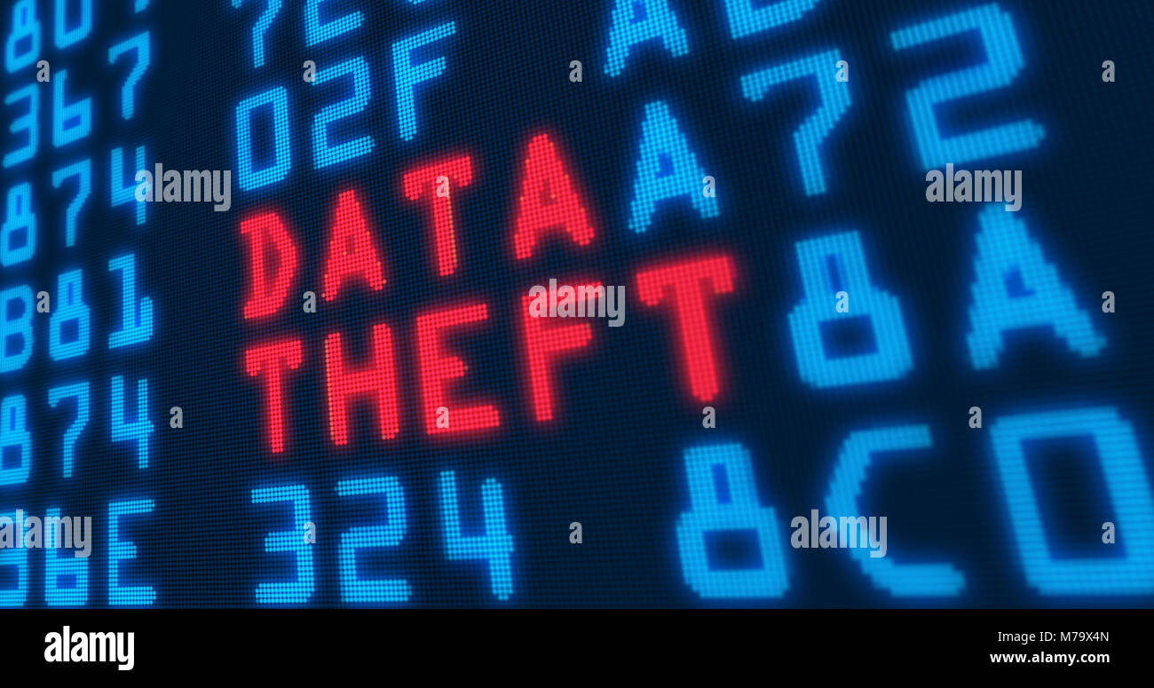 Cyber security buzzwords – data theft - with blue numbers in background. Data safety and digital technology in screen stylized graphic. Stock Photo