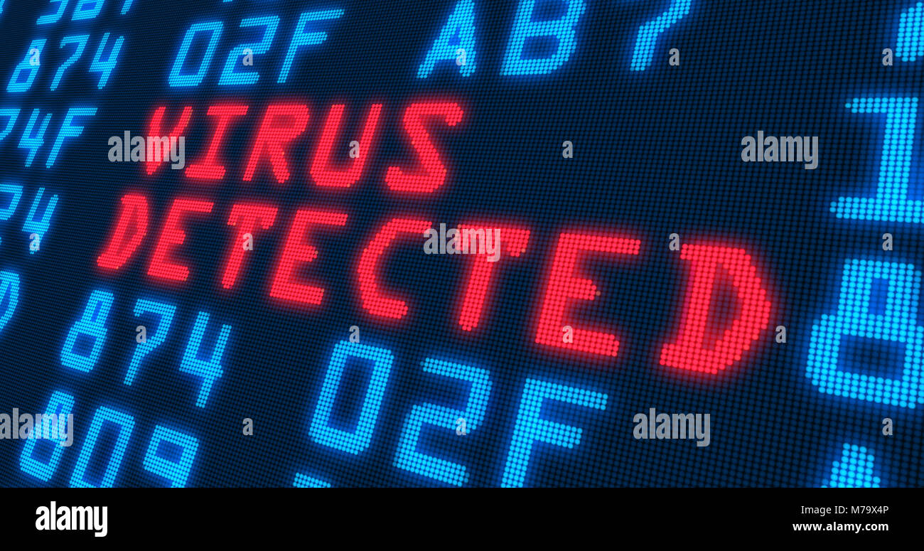Cyber security buzzwords – virus detected - with blue numbers in background. Data safety and digital technology in screen stylized graphic. Stock Photo