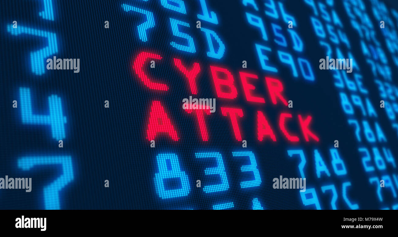 Cyber security buzzwords – cyber attack - with blue numbers in background. Data safety and digital technology in screen stylized graphic. Stock Photo