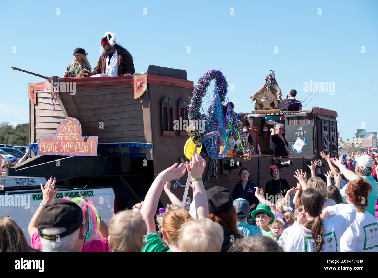 Pirate Ship Float in the Gulf Shores Mardi Gras Parade, February 2018. Stock Photo