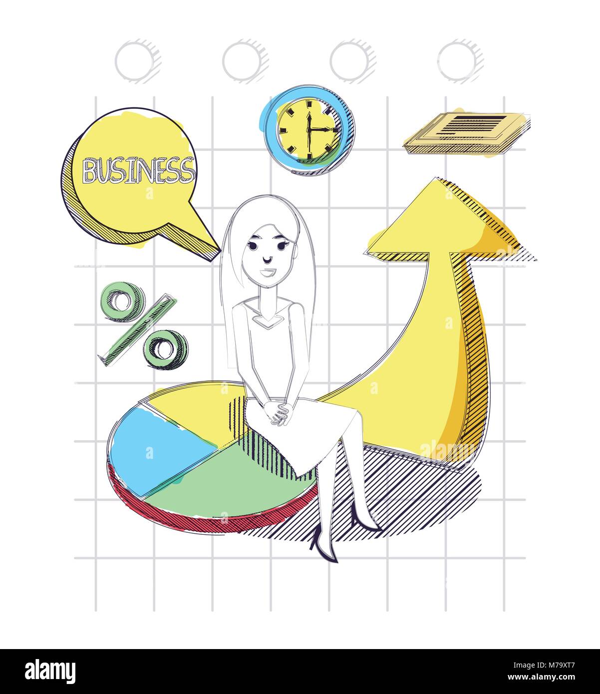 sketch of businesswoman with business related icons over white background, colorful design vector illustration Stock Vector