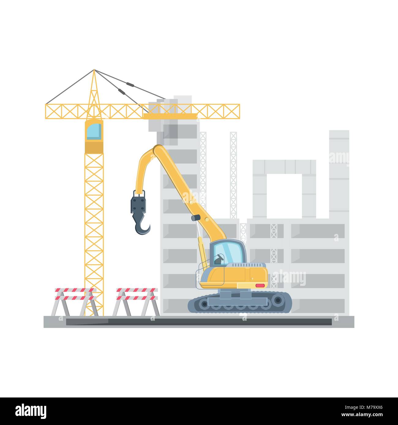 Construction crane truck and tower crane icon over white background ...