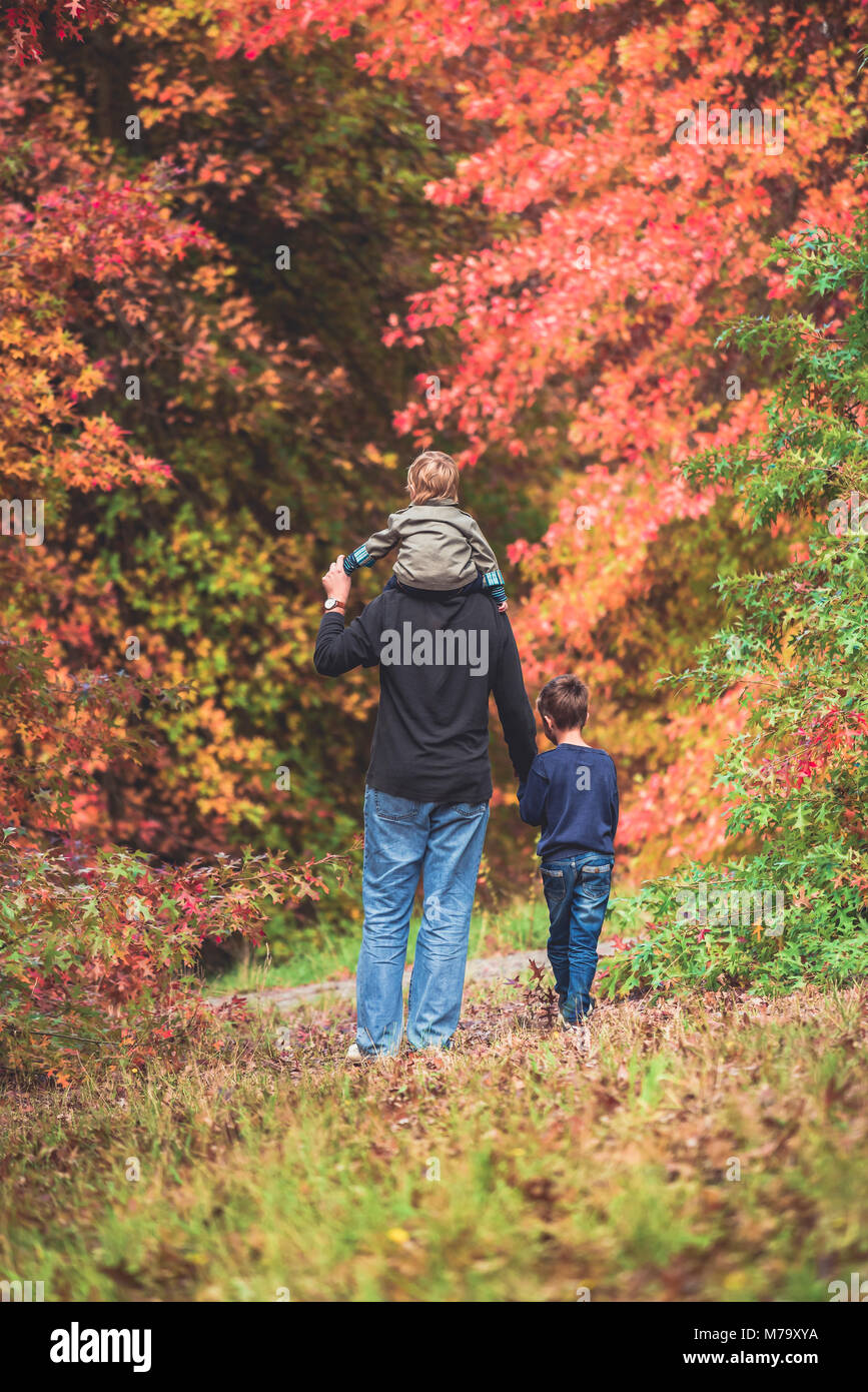 Father walking with his sons in the autumn park, South Australia Stock Photo