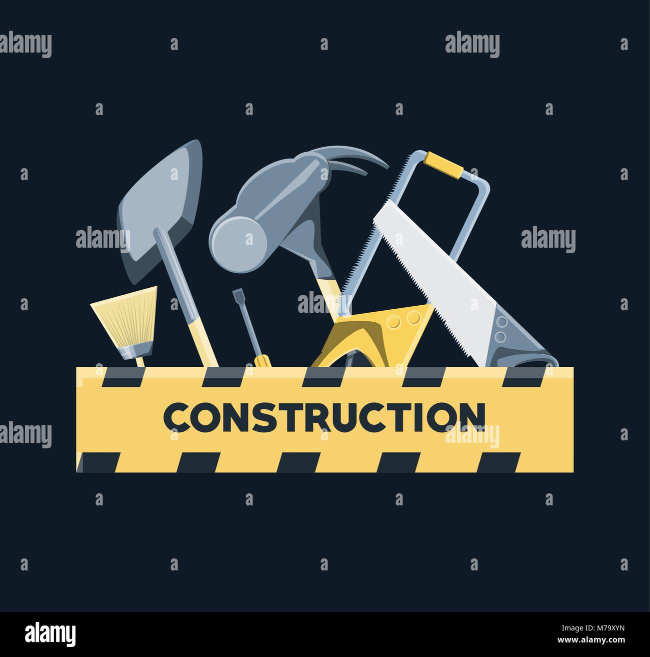 Construction equipment design with hammer and tools over black ...