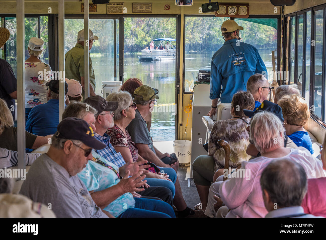 River boat tour group on the St. Johns River near Blue Spring State Park in Central Florida. (USA) Stock Photo