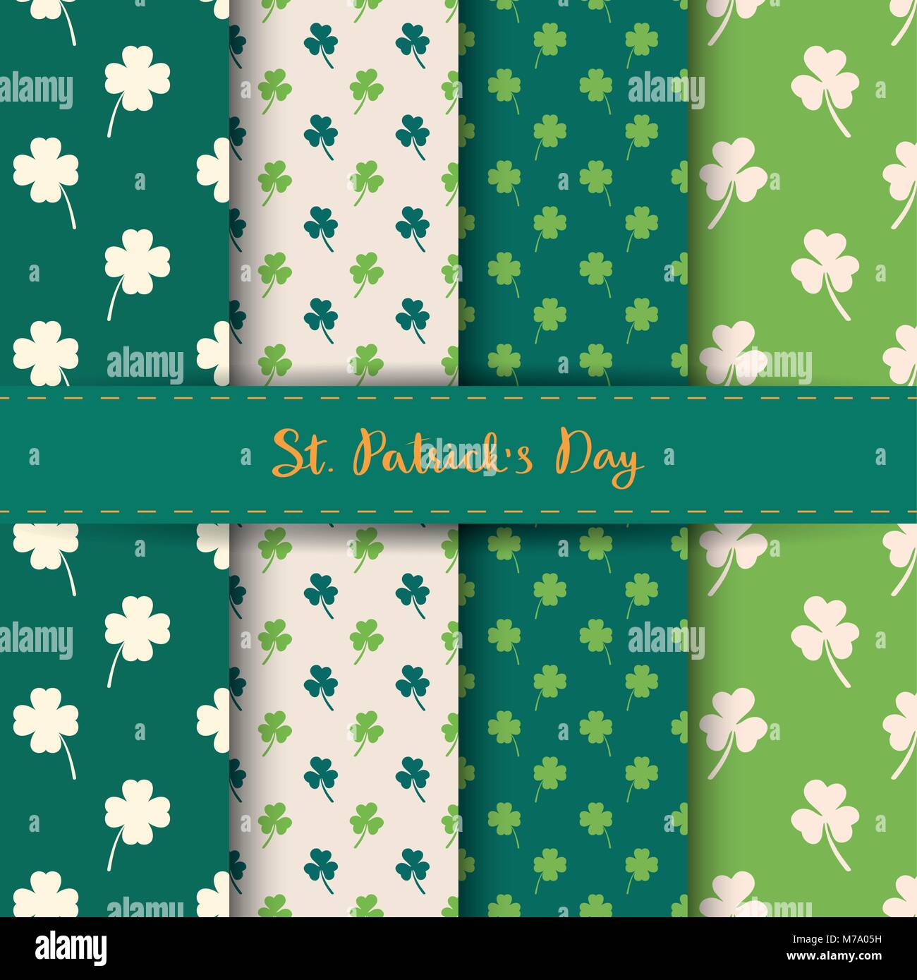 Set of St. Patrick's Day Seamless Patterns with Clover and shamrock in Green and White color. For wallpapers, pattern fills, web backgrounds, greeting Stock Vector
