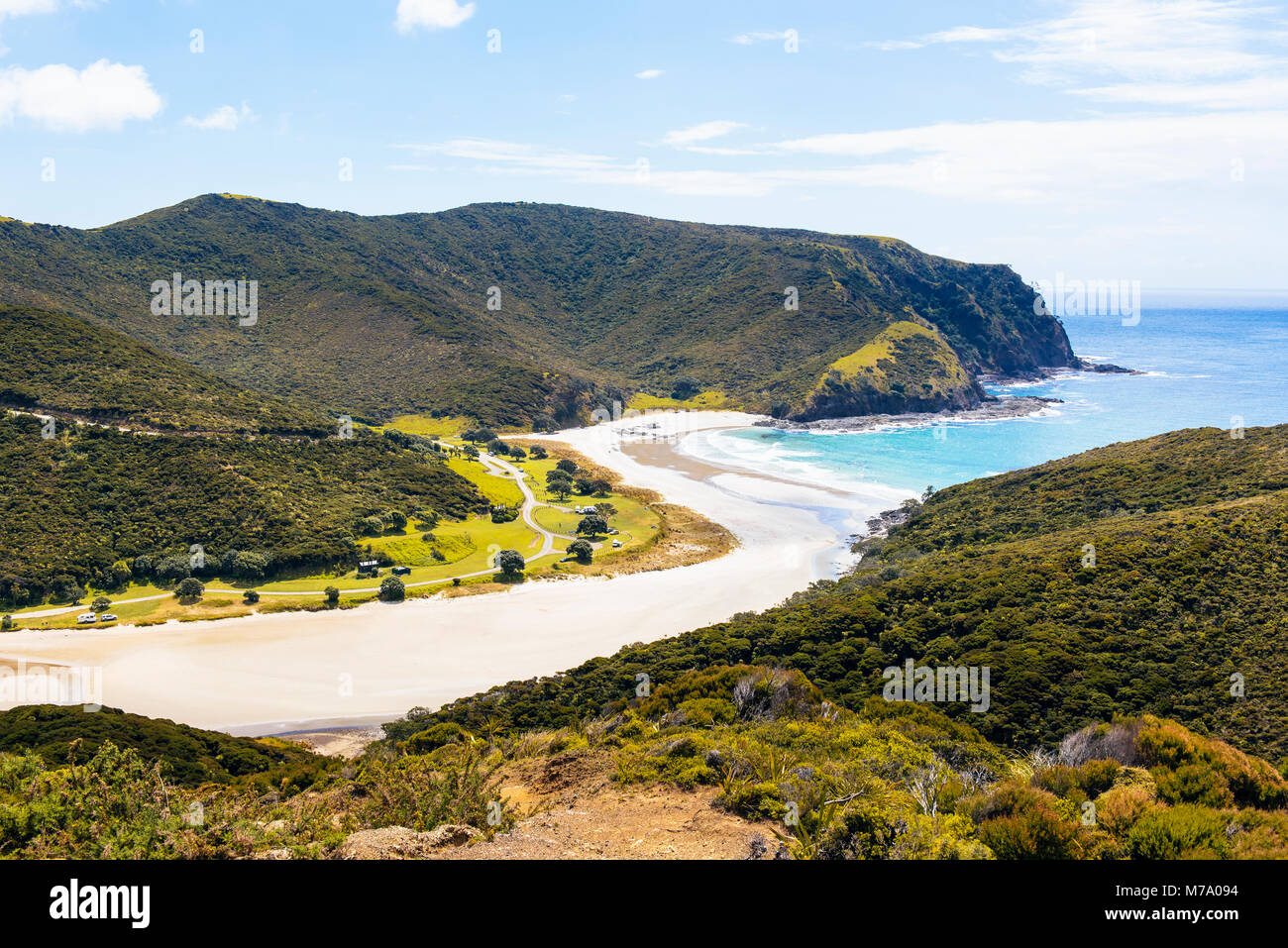 View over Tapotupotu Bay and campground, near Cape Reinga, North Island, New Zealand Stock Photo