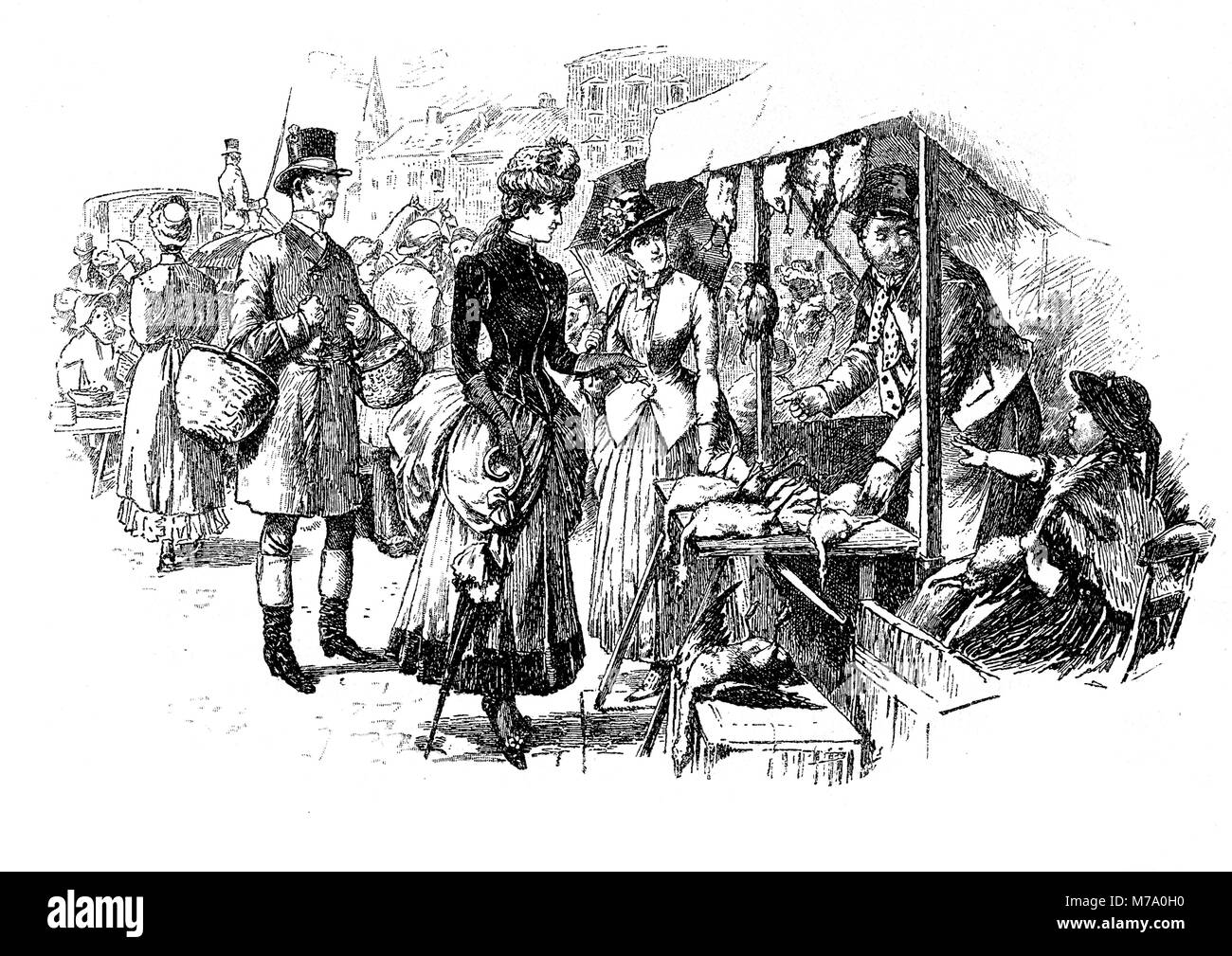 Lady goes shopping at market and negotiates a bargain,vintage caricature and fun Stock Photo