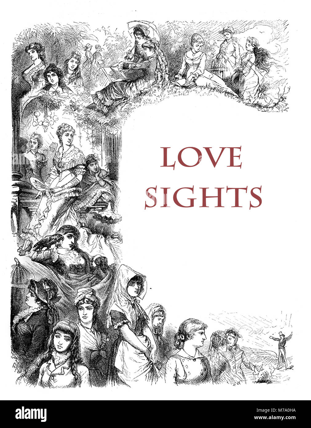 Women and inspiring love, a collection of love sights, XIX century engraving Stock Photo