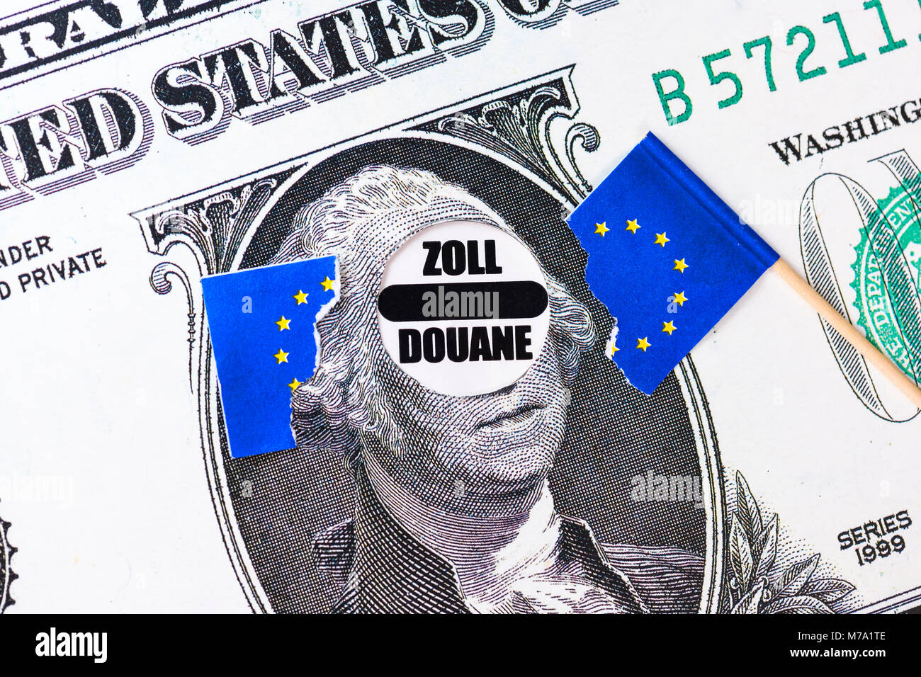 Torn EU flag on dollar note and customs sign, protective tariffs Stock Photo