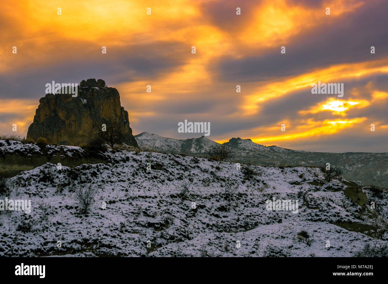 Eye shaped orange sunset over the bewitching Cappadocia, Turkey Stock Photo