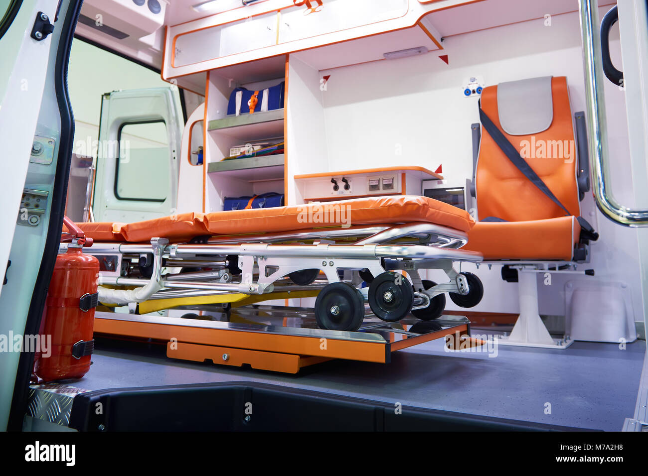 Medical foldable wheeled stretcher for patients in an ambulance Stock Photo