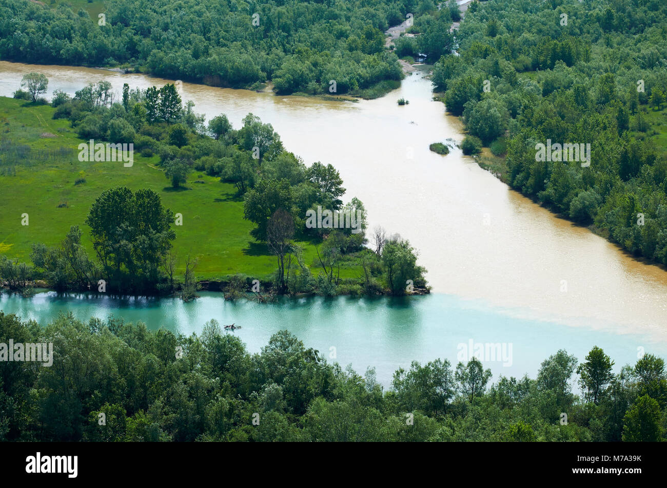 aerial view of the Buna River after the confluence with the Drin River, Shkodra, Albania Stock Photo