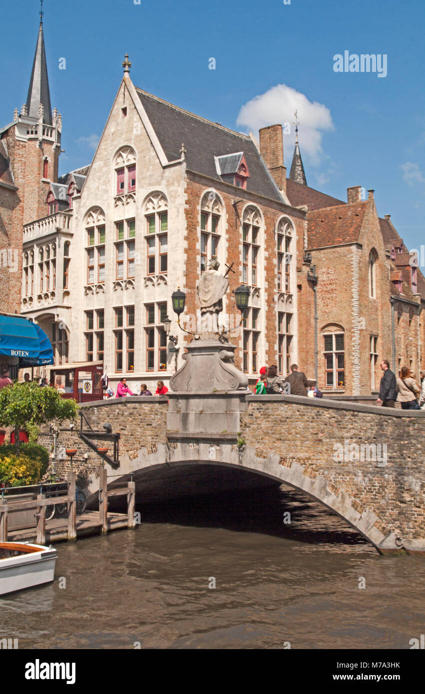 Dijver Canal, with Bridge over with Statue ofJan Nepomucenus, Bruges, (Brugge) Belgium, Stock Photo