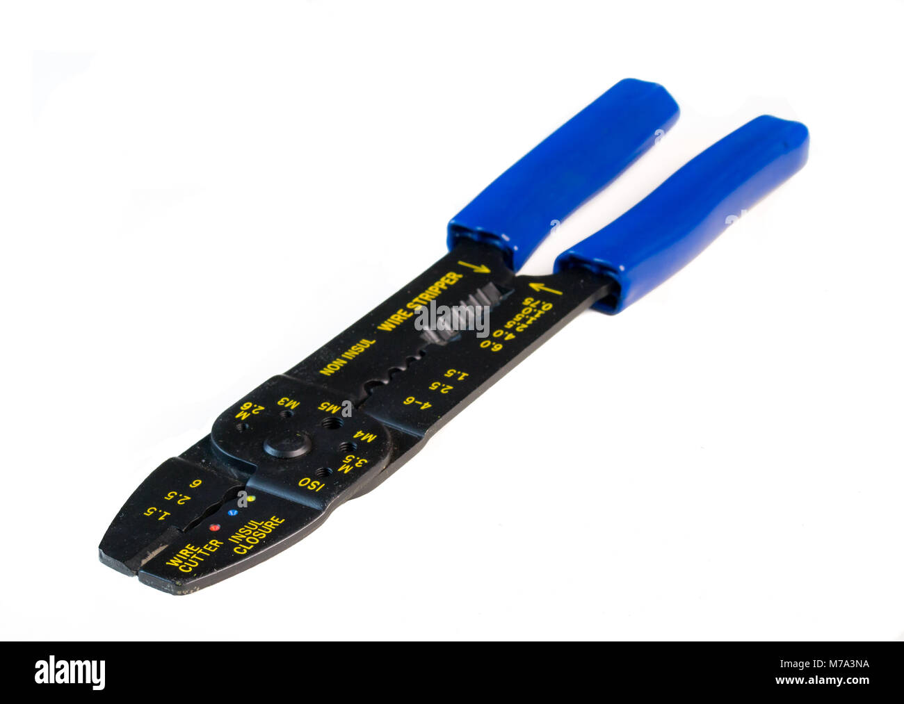 Blue handled ferrule crimping tool with wire stripper and cutter Stock Photo