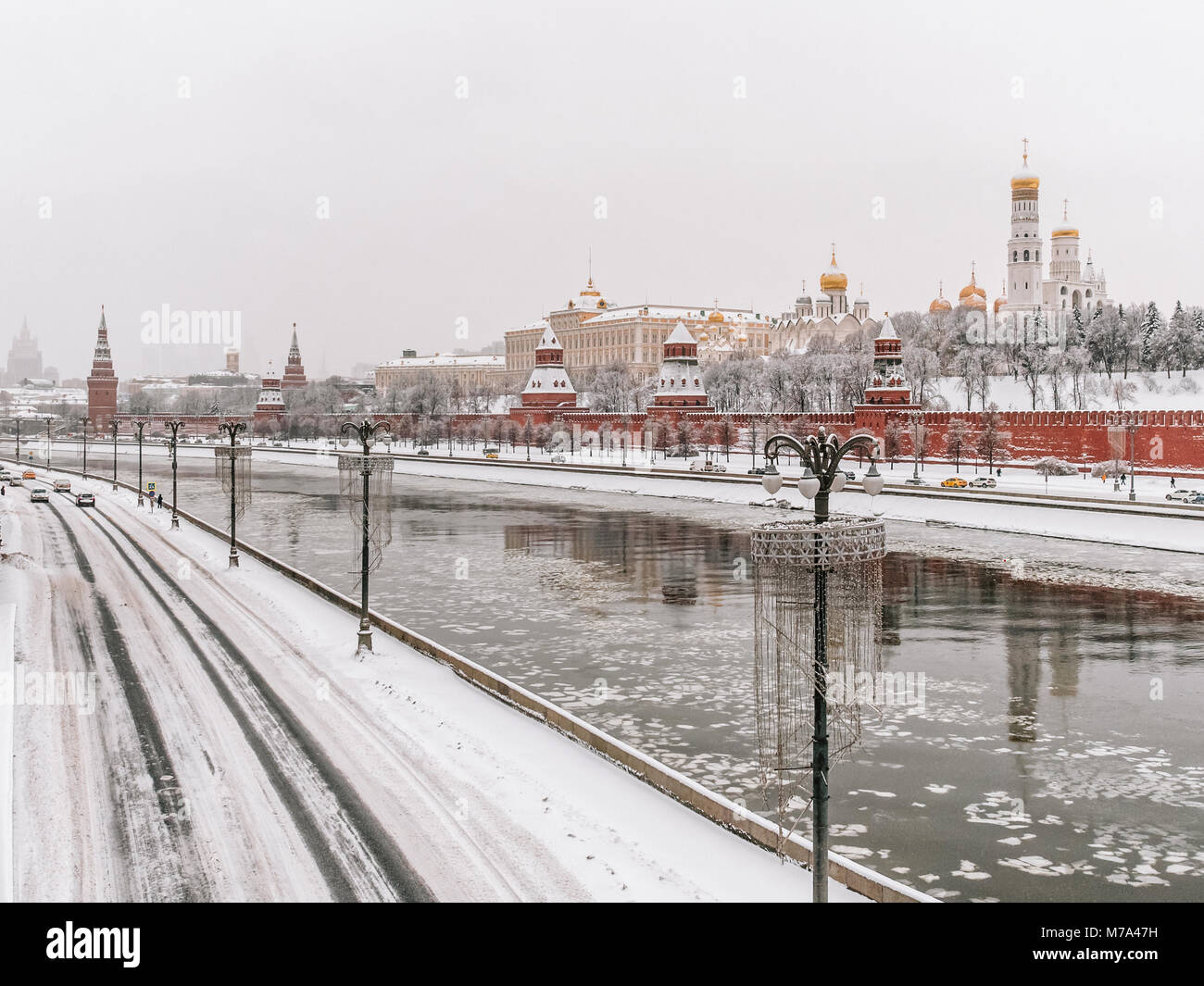 White winter in Moscow, Russia. Beautiful winter view of  Moscow Kremlin and Moskva river after heavy snowfall in February. Stock Photo