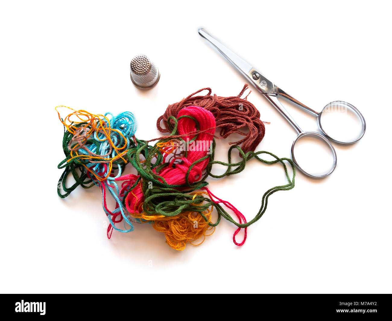 Embroidery thread, scissors and thimble Stock Photo