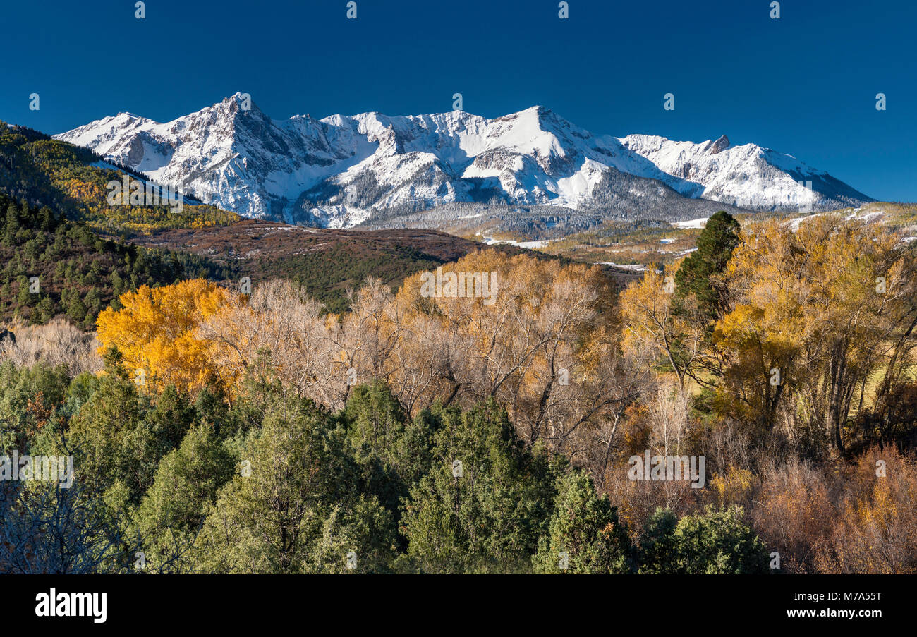 Sneffels Range under snow, aspen grove in late fall, view from Dallas Creek Road, San Juan Mountains, Rocky Mountains, Colorado, USA Stock Photo