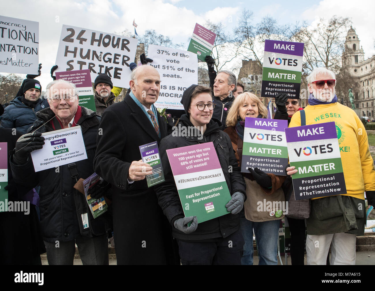 Liberal Democrats leader Vince Cable and gay rights activist Peter Tatchell join protesters calling for Proportional Representation in Parliament  Featuring: Vince Cable, Peter Tatchell Where: London, United Kingdom When: 06 Feb 2018 Credit: John Rainford/WENN.com Stock Photo
