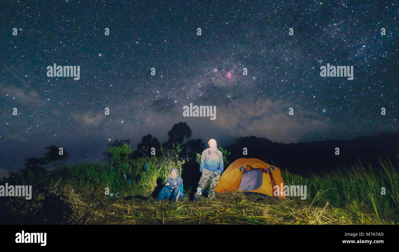Camping Under Beautiful Night Sky With Millions Of Stars Stock Photo