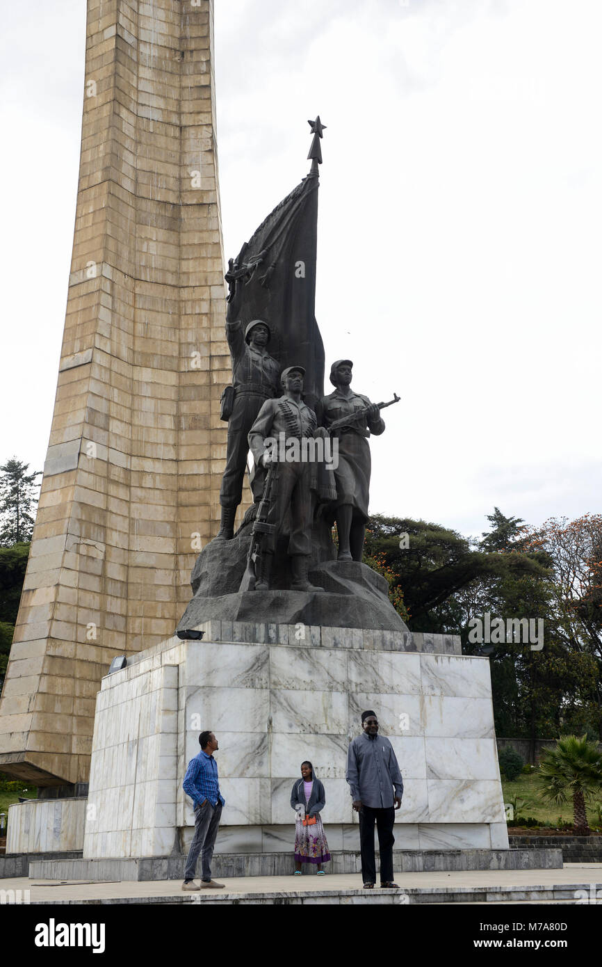 ETHIOPIA , Addis Ababa, The Tiglachin Monument, also known as Derg Monument at Churchill Avenue, Derg was the communist regime under dictator Mengistu Haile Mariam, is a memorial to Ethiopian and Cuban soldiers involved in the Ogaden War between Somalia and Ethiopia, inaugurated on 12 September 1984, the statuary was donated by North Korea, and was manufactured by the Mansudae Art Studio / AETHIOPIEN, Addis Abeba, Monument aus der kommunistischen Derg Zeit Stock Photo