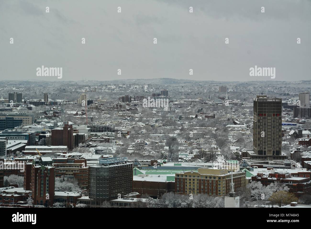 A snow covered Boston seen from above after a Winter Nor'Easter.  Boston, Massachusetts, U.S.A. Stock Photo