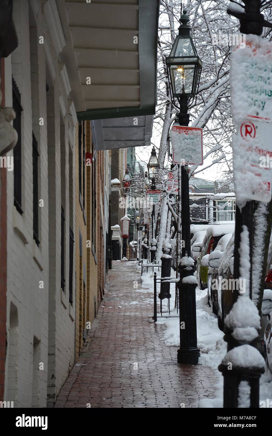 Brick homes and gas street lamps in Beacon Hill in downtown Boston after a Nor'Easter storm