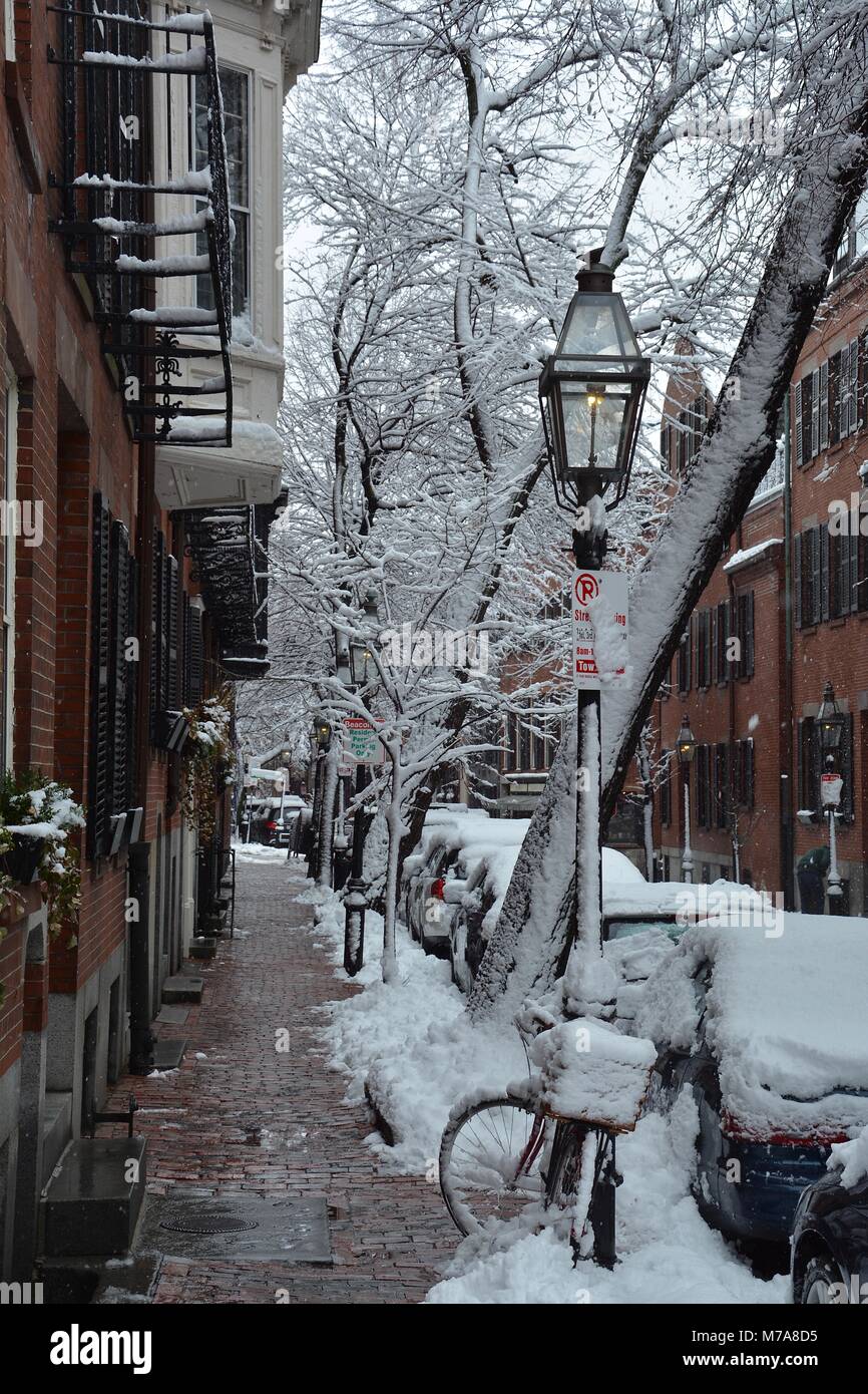 Brick homes and gas street lamps in Beacon Hill in downtown Boston after a Nor'Easter storm