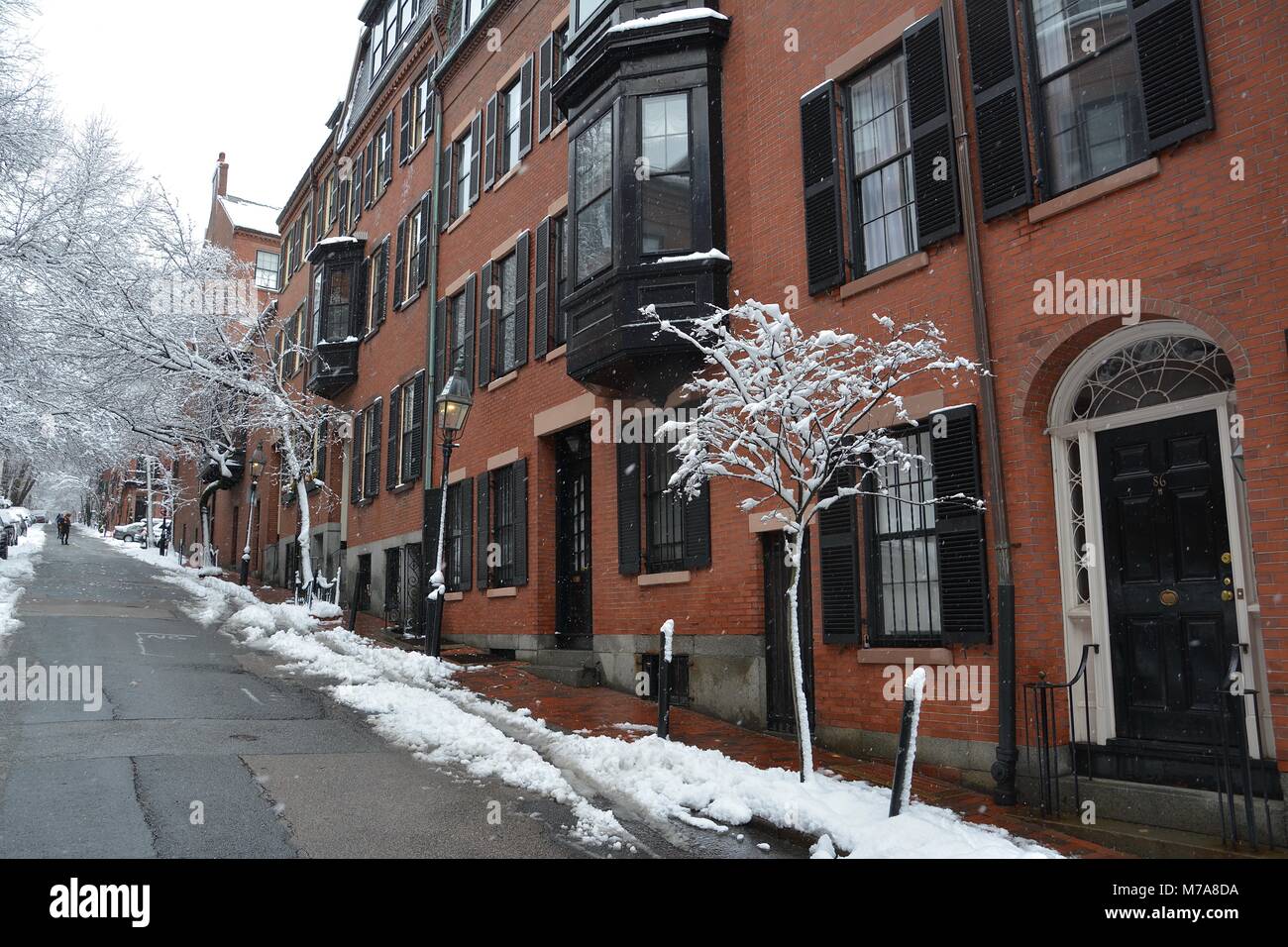Brick homes and gas street lamps in Beacon Hill in downtown Boston after a Nor'Easter storm